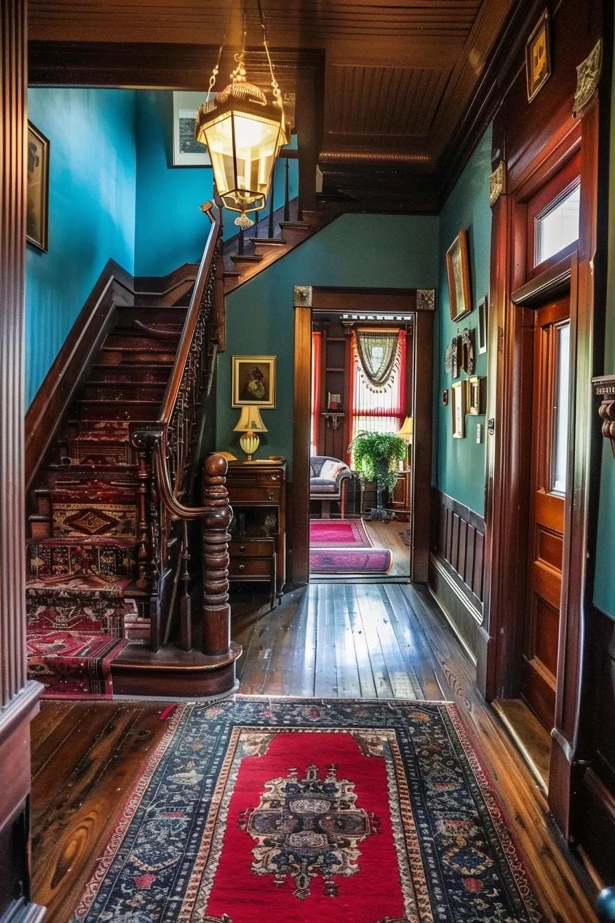 A beautifully restored historic interior in Fredericksburg, TX, showcasing vibrant period colors and intricate woodwork